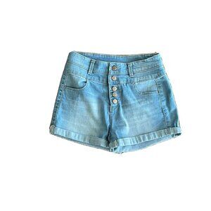 Tinseltown Shorts Women's Juniors 3 Jean Shorts Light Wash Rolled Tab High Rise